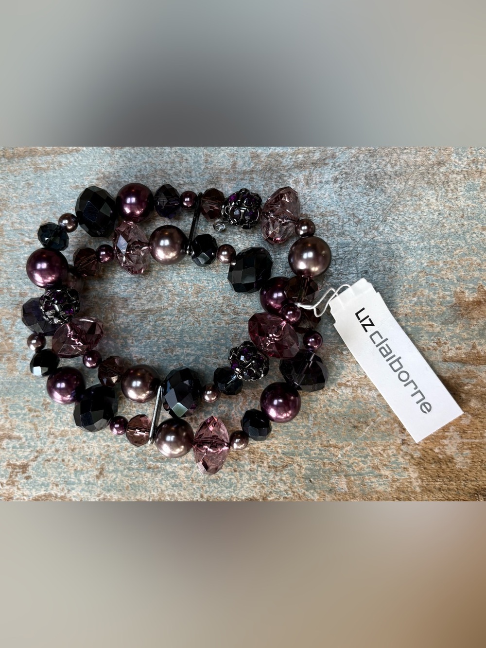 Liz Claiborne Purple and Black Beaded Stretch Bracelet